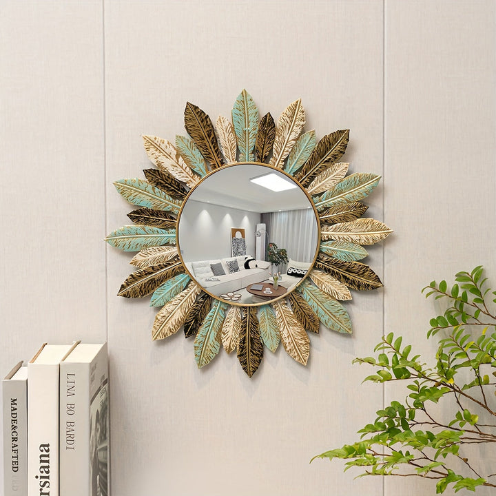 Bohemian Sunburst Metal Wall Mirror | Teal &amp; Gold Leaf Design