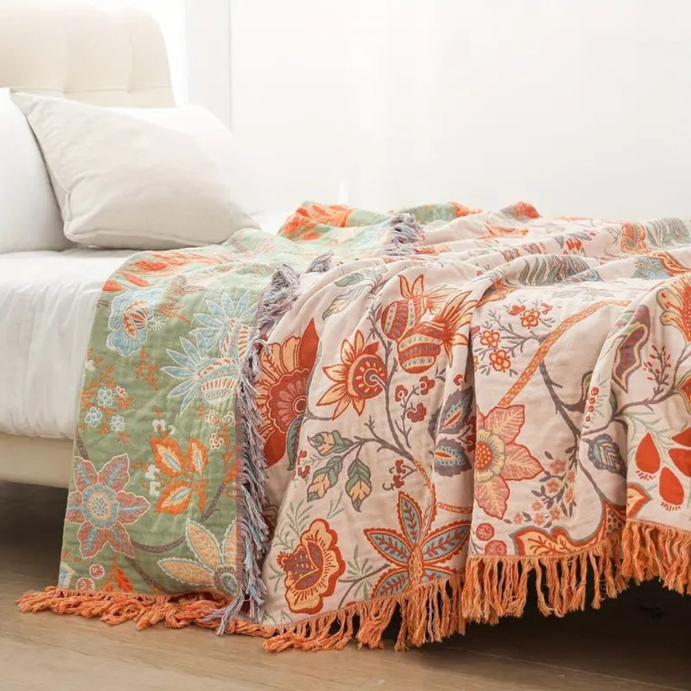 Blanket Throw Fringe Floral Boho Blanket