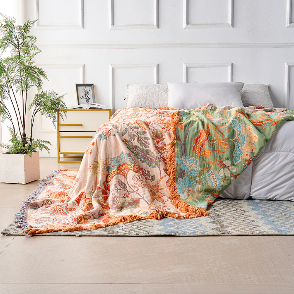 Blanket Throw Fringe Floral Boho Blanket