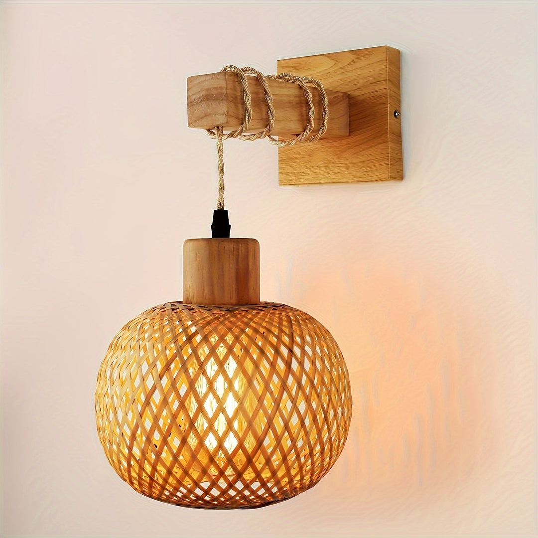 Rustic Wooden Wall Sconce | Handwoven Rattan &amp; Wood Light Fixture