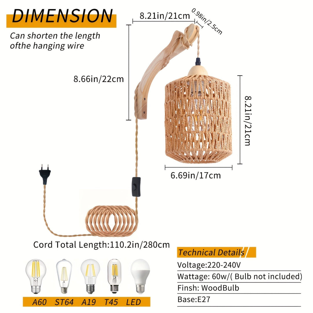 Boho Wood &amp; Rattan Wall Lamp | Hand-Woven Plug-In Light