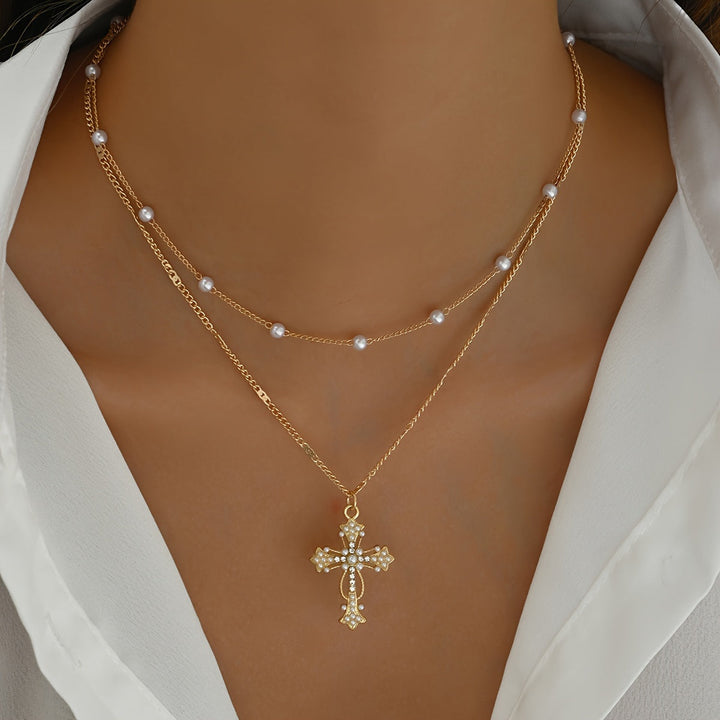 Necklace Cross Pendant Mothers Day Gold Layered Beaded Necklace