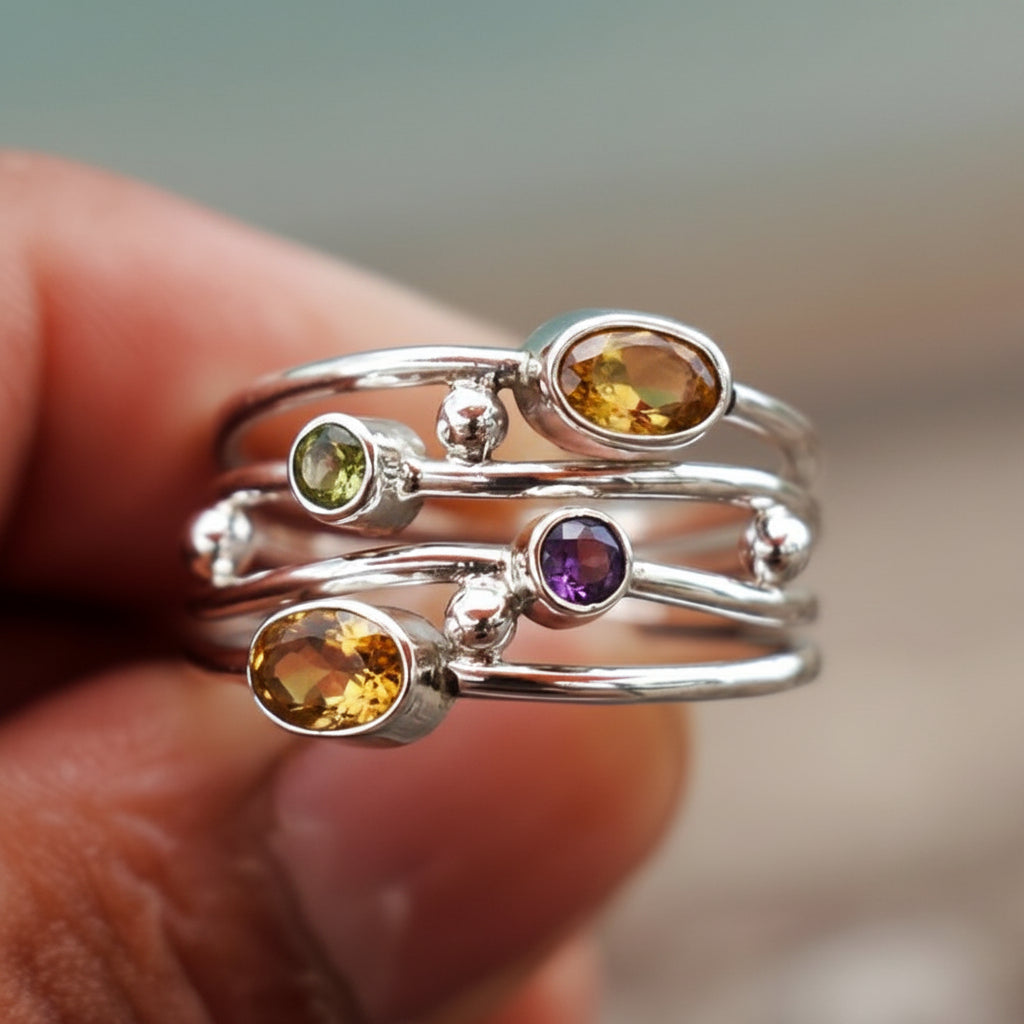 Birthstone Ring Silver Adjustable Boho Zircon Wrap Ring