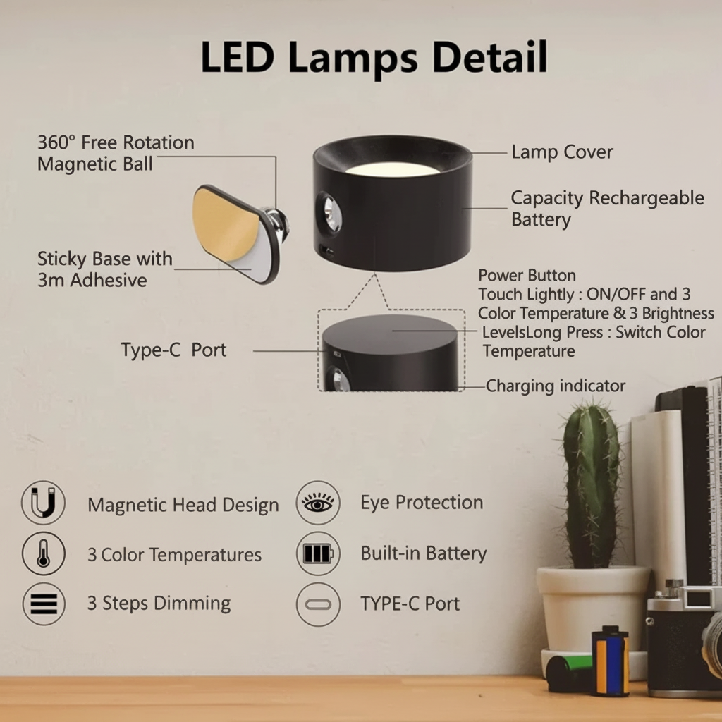 Wall Light Rechargeable LED Adjustable Magnetic Mount