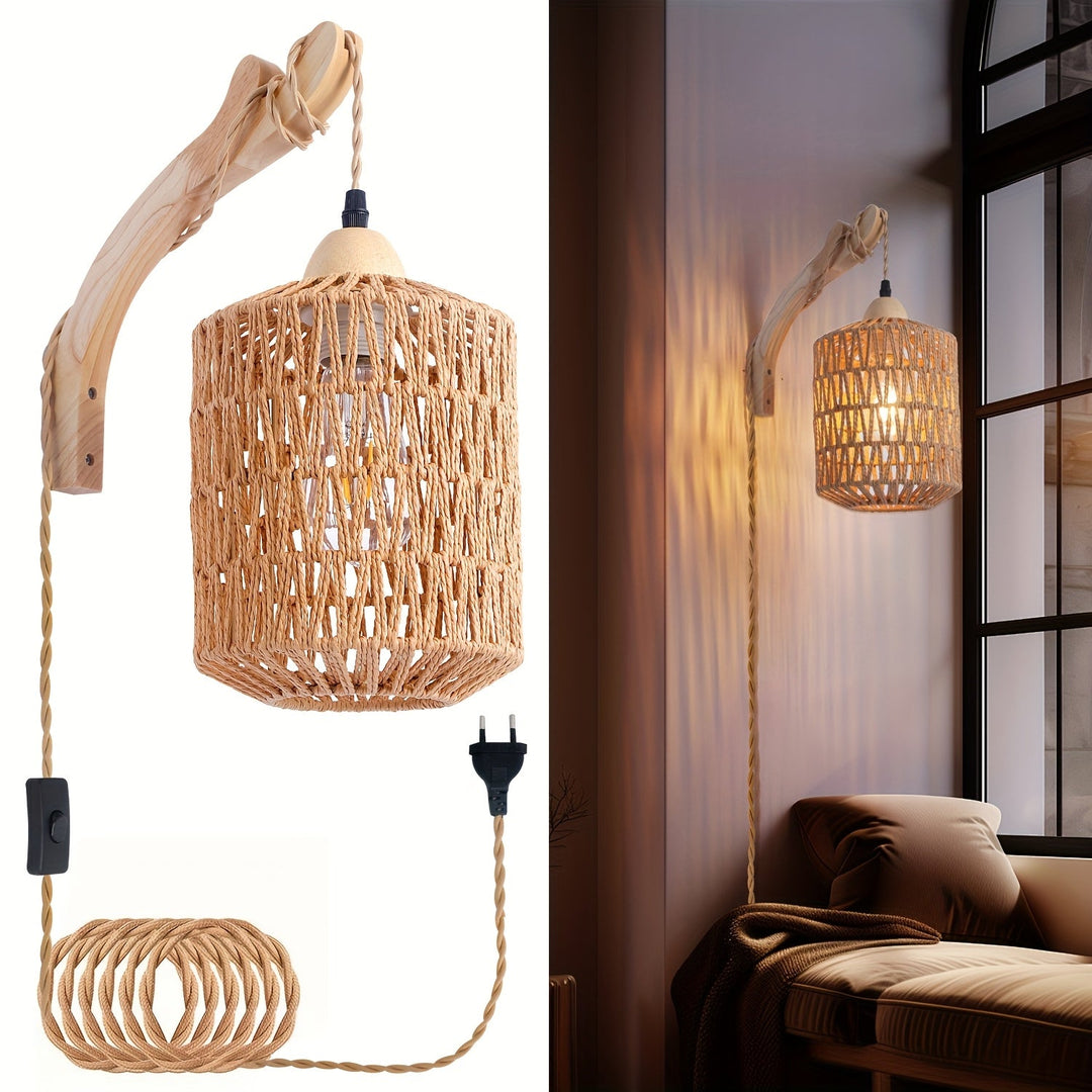 Boho Wood &amp; Rattan Wall Lamp | Hand-Woven Plug-In Light