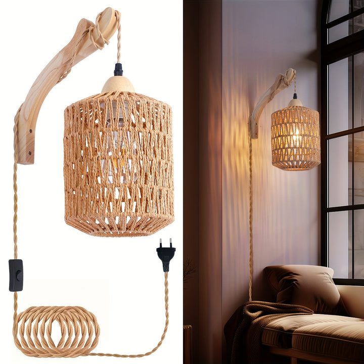 Boho Wood &amp; Rattan Wall Lamp | Hand-Woven Plug-In Light