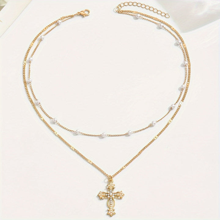Necklace Cross Pendant Mothers Day Gold Layered Beaded Necklace