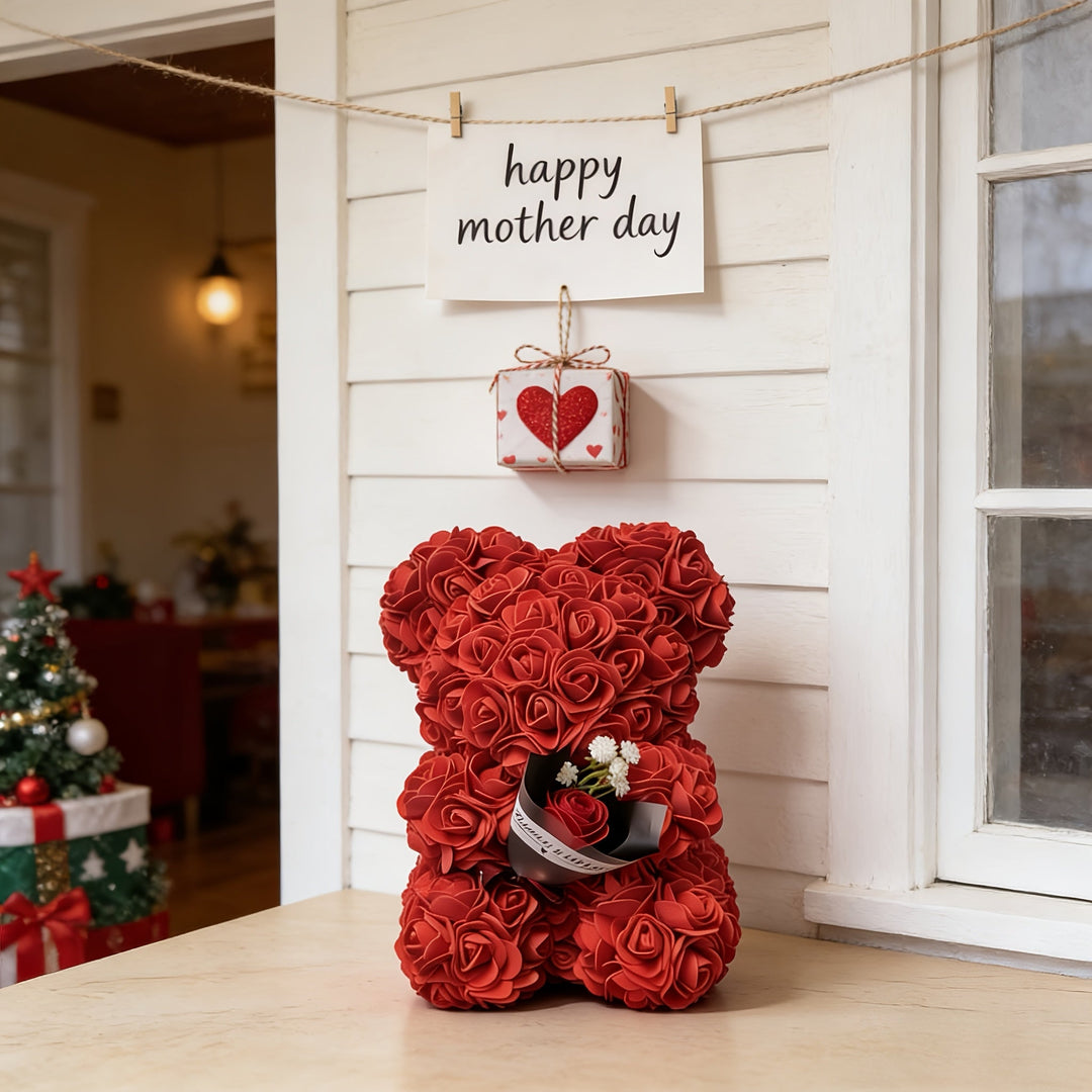 Mothers Day Rose Bear Gift Artificial Flower Teddy Bear Decor