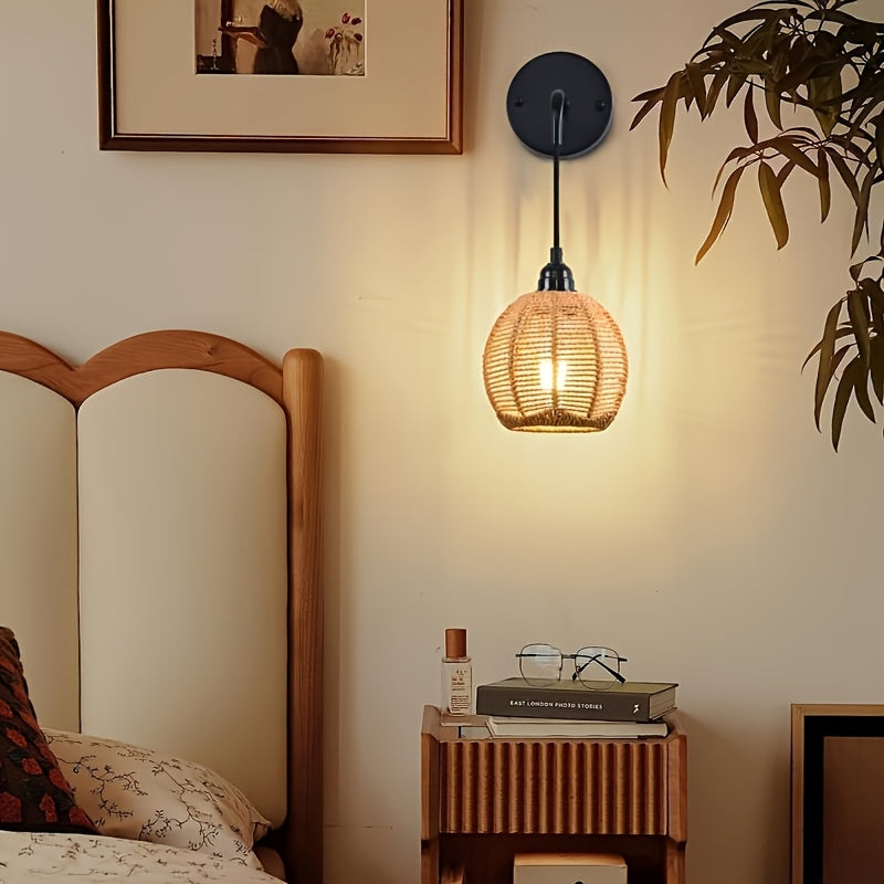 Boho Rattan Wall Lamp | Handwoven Bedside &amp; Living Room Sconce