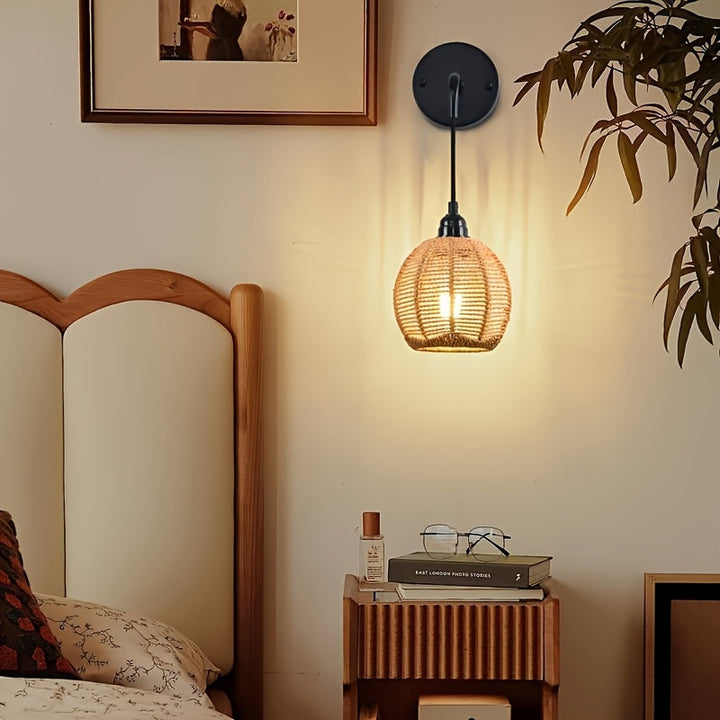 Boho Rattan Wall Lamp | Handwoven Bedside &amp; Living Room Sconce