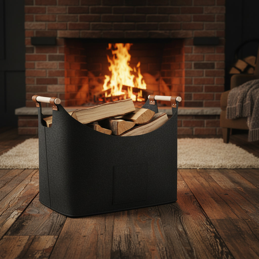 Firewood Carrier Leather Handles Felt Storage Bag