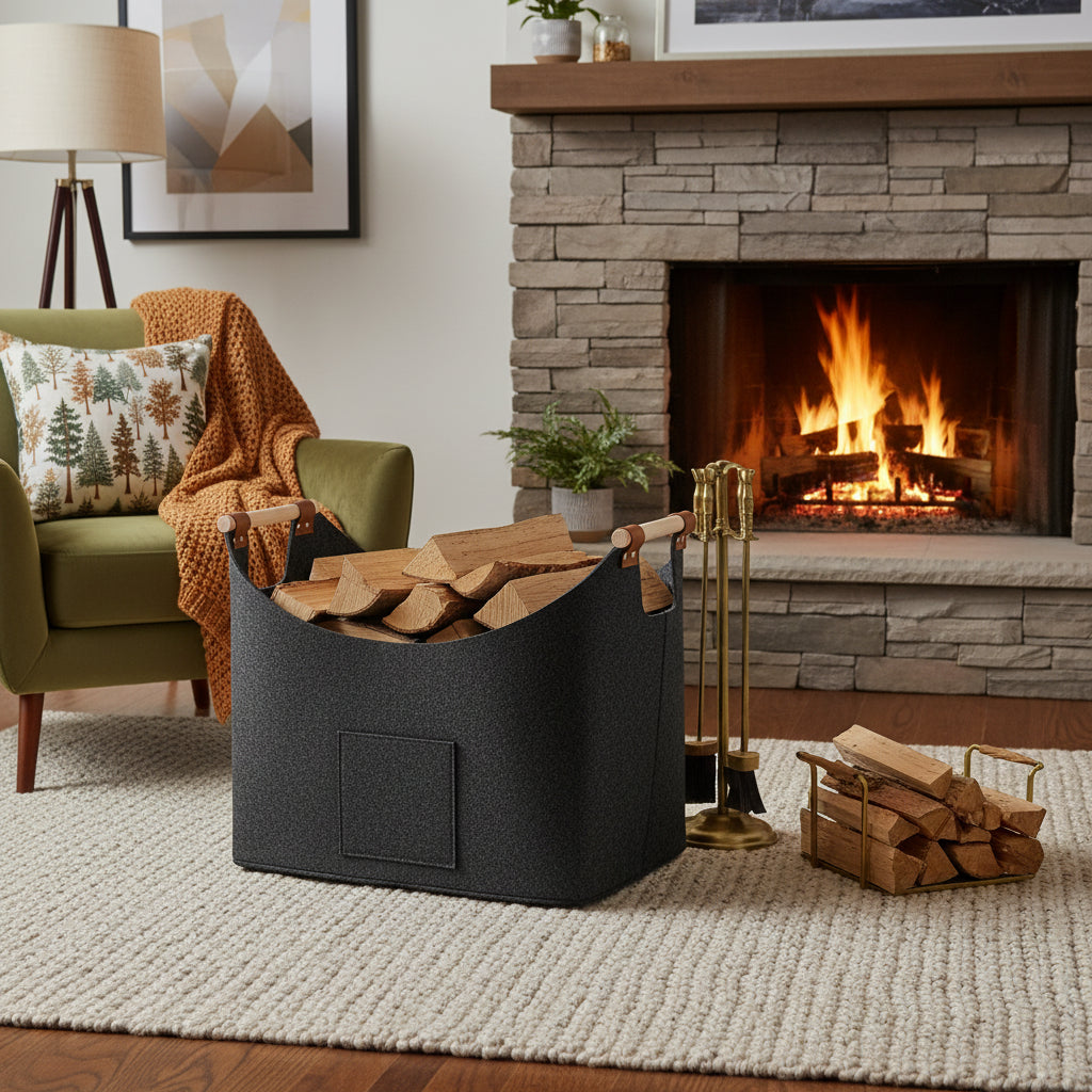 Firewood Carrier Leather Handles Felt Storage Bag