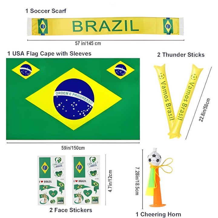 Soccer Fan Kit Brazil Flag Party Set Cape Scarf Horn