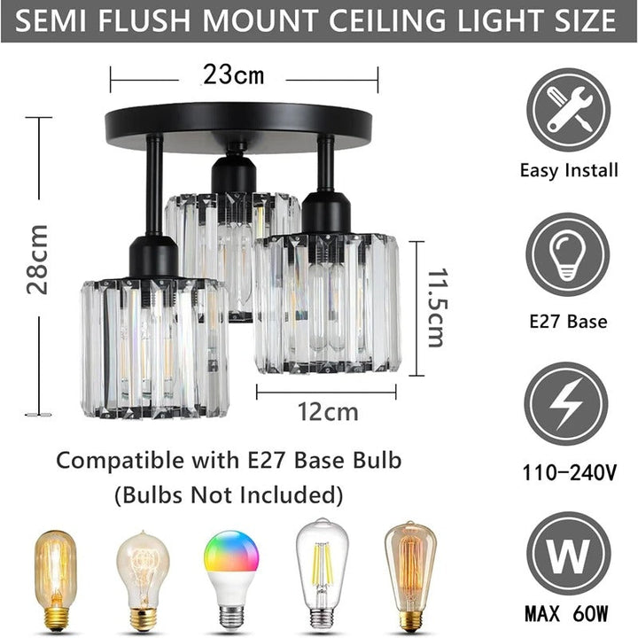 Modern Gold Luxury Crystal Ceiling Light | 3-Light Semi Flush Mount