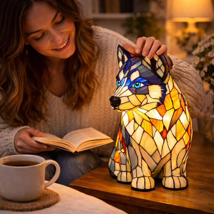 colourful Dog Table Lamp Stained Glass LED Night Light Bedroom