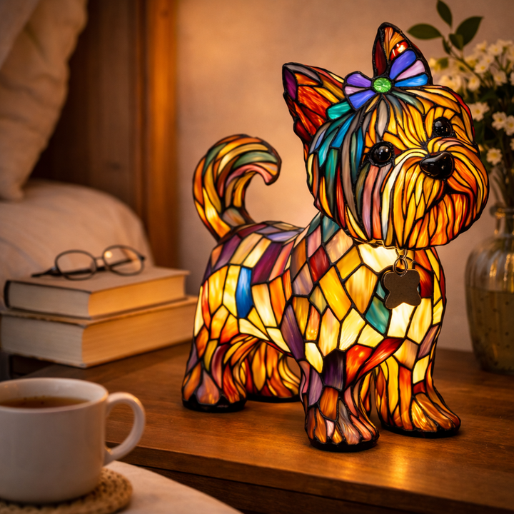 colourful Dog Table Lamp Stained Glass LED Night Light Bedroom