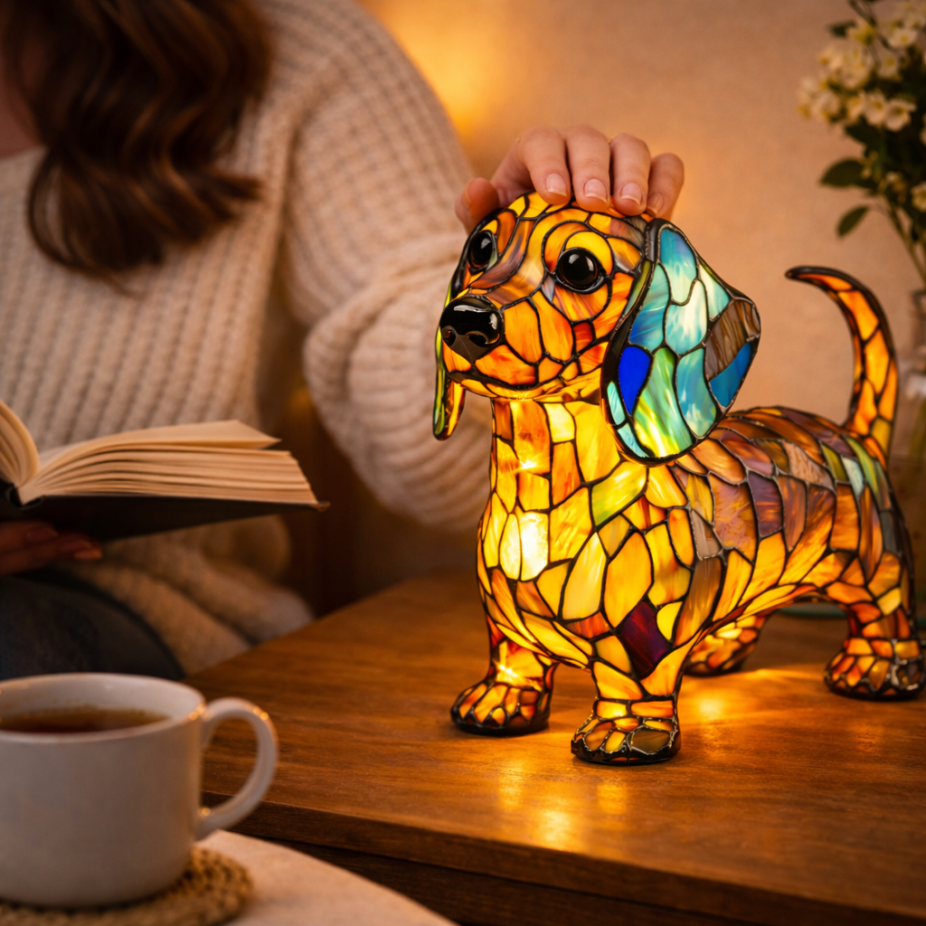 colourful Dog Table Lamp Stained Glass LED Night Light Bedroom