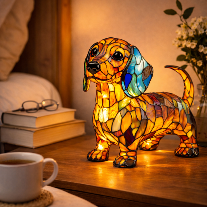 colourful Dog Table Lamp Stained Glass LED Night Light Bedroom