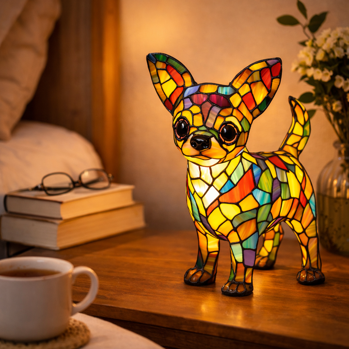 colourful Dog Table Lamp Stained Glass LED Night Light Bedroom