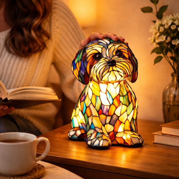 colourful Dog Table Lamp Stained Glass LED Night Light Bedroom