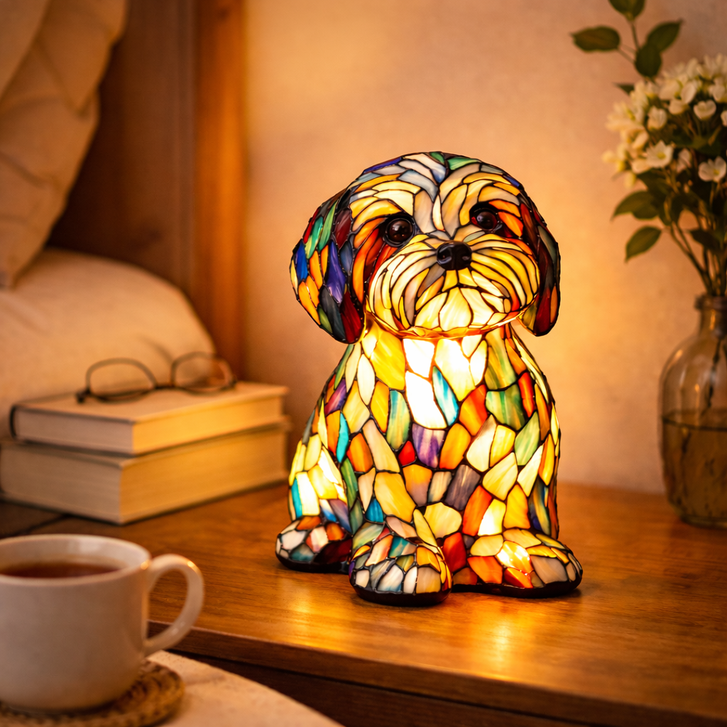 colourful Dog Table Lamp Stained Glass LED Night Light Bedroom