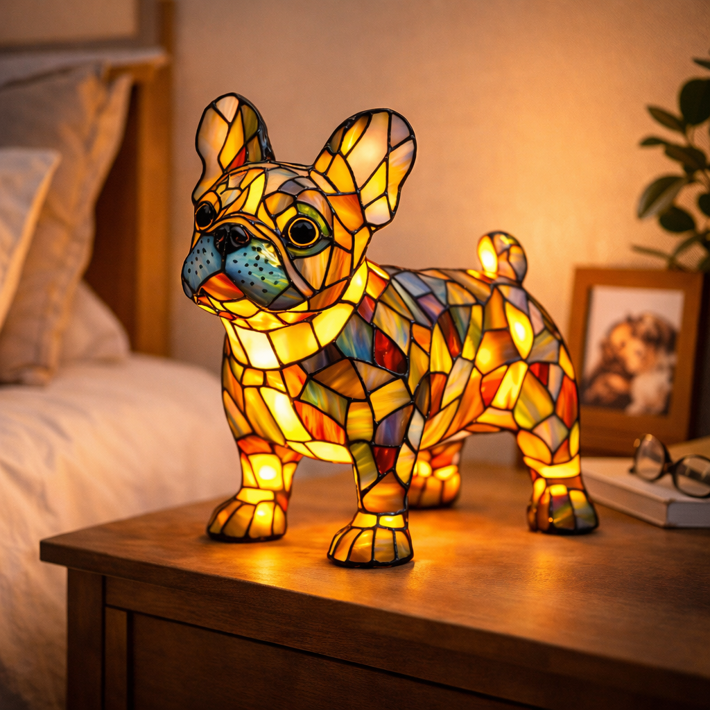 colourful Dog Table Lamp Stained Glass LED Night Light Bedroom