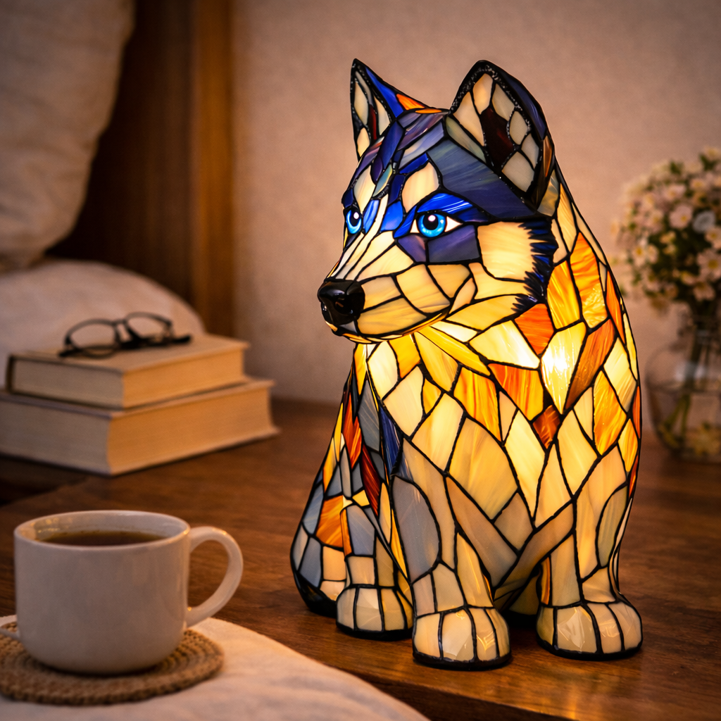 colourful Dog Table Lamp Stained Glass LED Night Light Bedroom