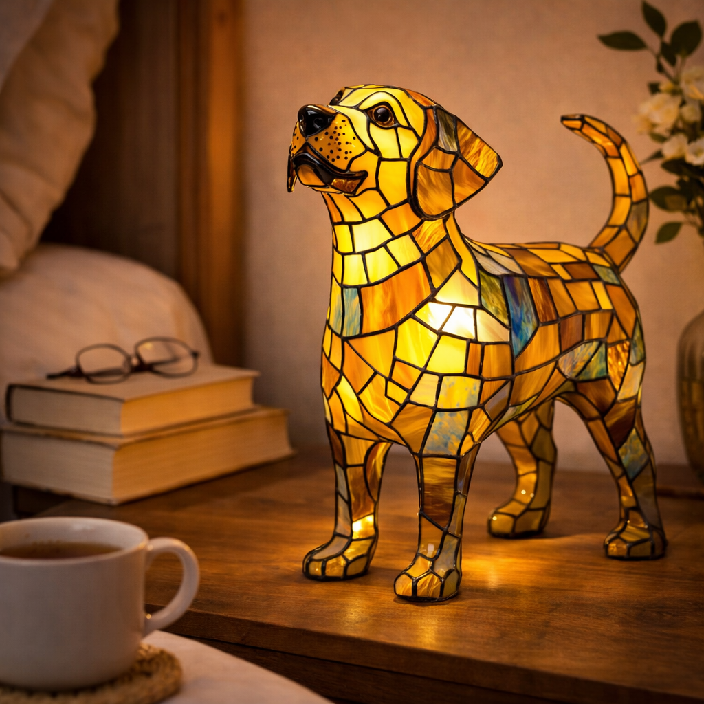 colourful Dog Table Lamp Stained Glass LED Night Light Bedroom